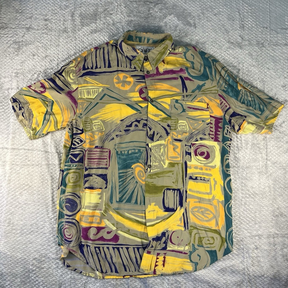 Vintage CAFE 90s Abstract Art Rayon Shirt Made USA Modernist Cubist Print L